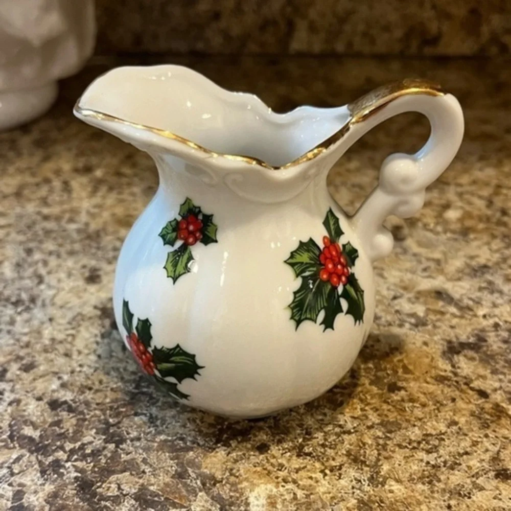 Vintage Lefton China Creamer Mini Pitcher with Hand Painted Holly Berry Design